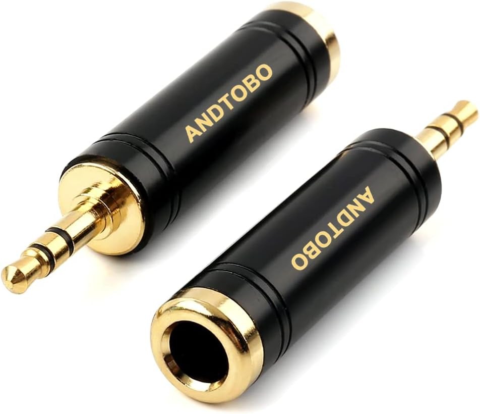 ANDTOBO 1/4'' to 3.5mm Stereo Pure Copper Headphone Adapter,3.5mm(1/8'') Plug Male to 6.35mm (1/4'') Jack Female Stereo Adapter for Headphone, Amp Adapte, Black 2-Pack