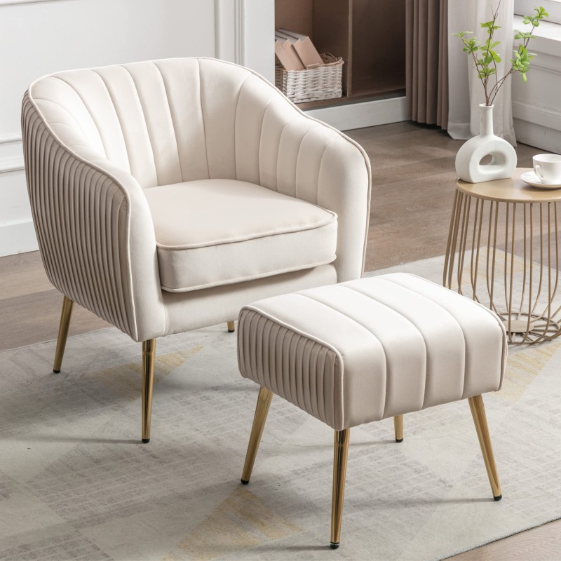 civama Velvet Accent Chair with Ottoman, Modern Upholstered Tub Barrel Arm Chair, Comfy Single Sofa Side Chair with Gold Metal Legs and Ottoman Footrest for Living Reading Room Bedroom, Beige