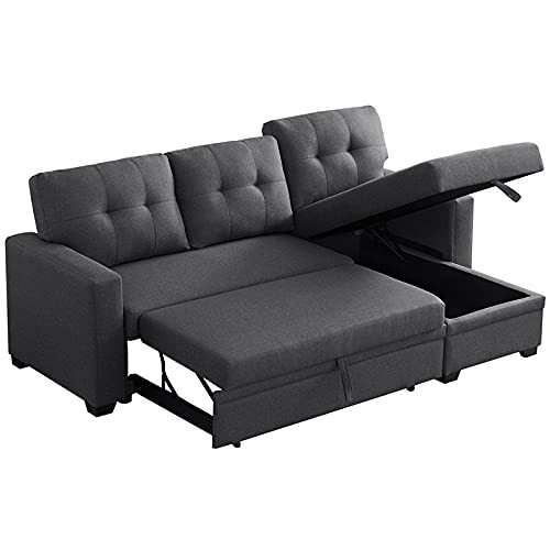 Devion Furniture Contemporary Reversible Sectional Sleeper Sectional Sofa with Storage Chaise in Dark Gray Fabric