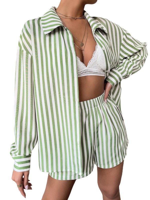 Women's 2 Piece Outfit Striped Long Sleeve Blouse Top with Shorts Set