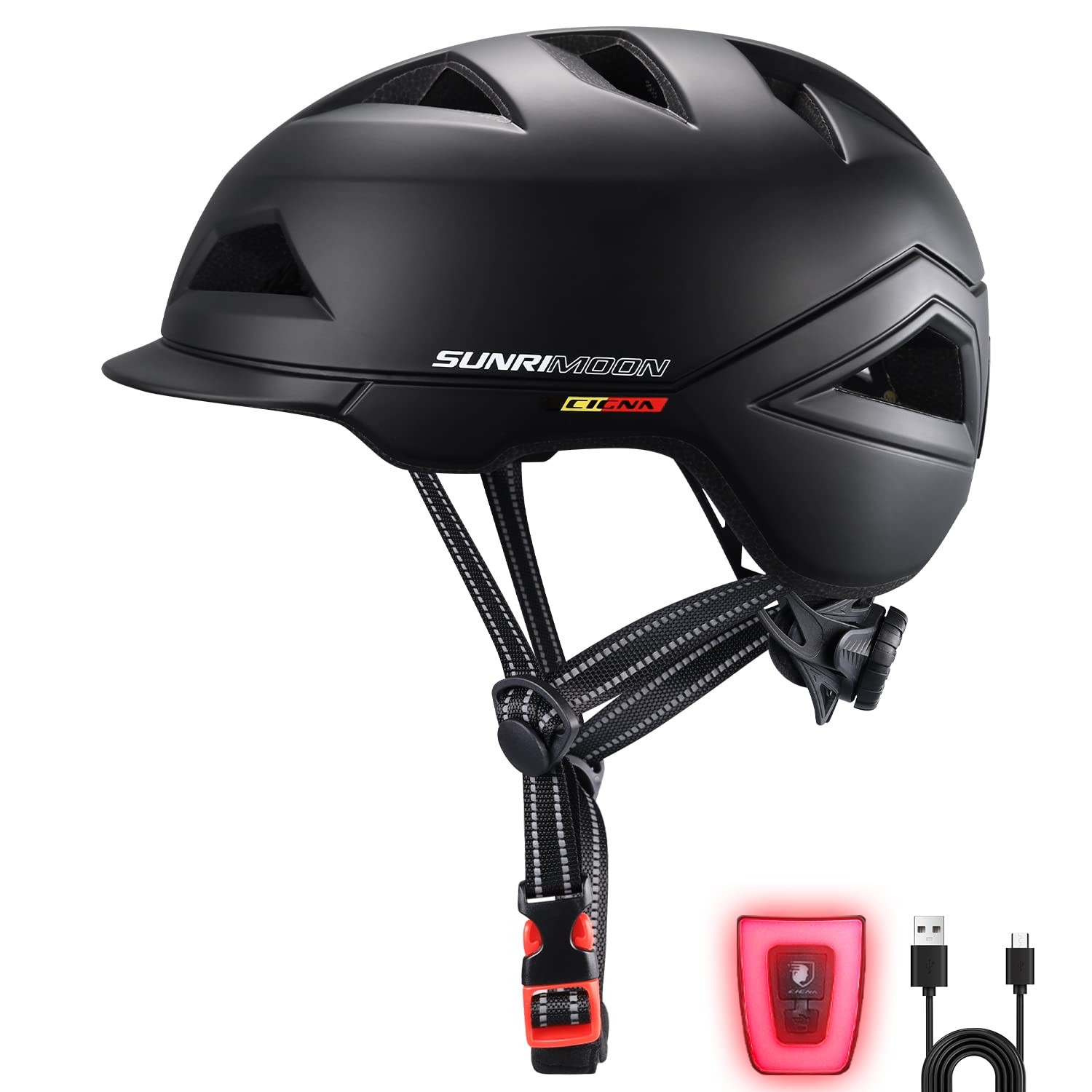 SUNRIMOON Bike Helmet Lightweight Cycling Bicycle Adult Helmets Urban Commuter Helmet with USB Recharge Light Adjustable Size for Men/Women 22.44-24.41 Inches