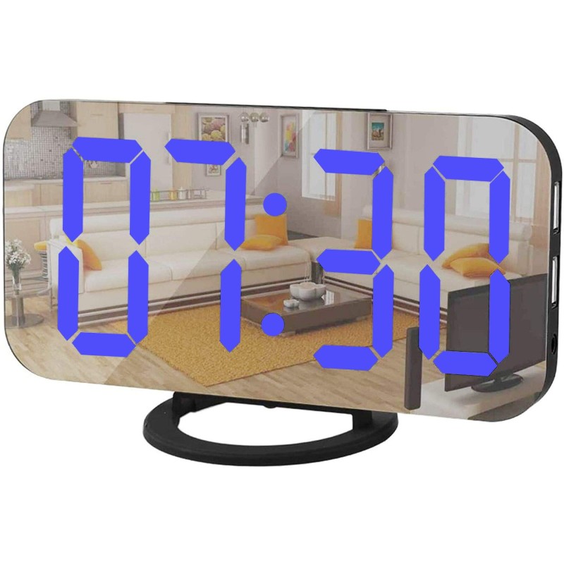 Digital Alarm Clock,Mirror Surface LED Electronic Clocks,with USB Charger,Snooze Model, Auto/Custom Brightness,for Office Table Bedroom Nightstand(Black-Blue)