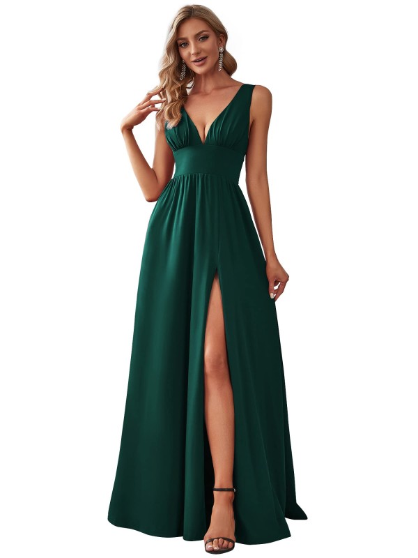 Women's Side Slit Double V-Neck Sleeveless Maxi Evening Gowns Party Dress 0168B