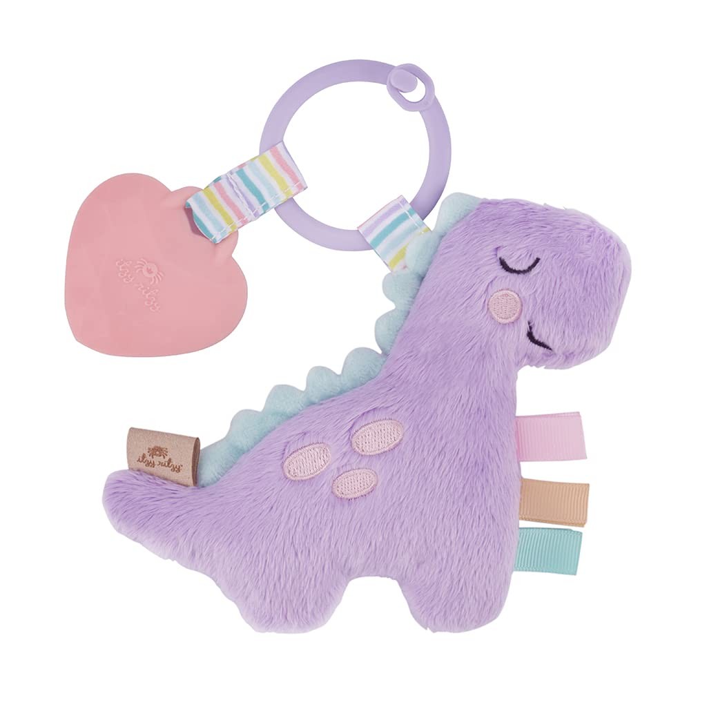 Itzy Ritzy Itzy Pal Infant Toy & Teether Includes Lovey, Crinkle Sound, Textured Ribbons & Silicone Teether, Purple Dinosaur