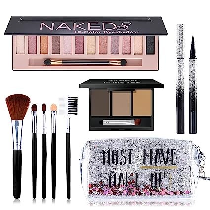 All in One Makeup Kit, Includes 12 Colors Naked Eyeshadow Palette, 5Pcs Makeup Brushes, Waterproof Eyeliner Pencils, Eyebrow Powder and Quicksand Cosmetic Bag, Gift Set for Women, Girls & Teens
