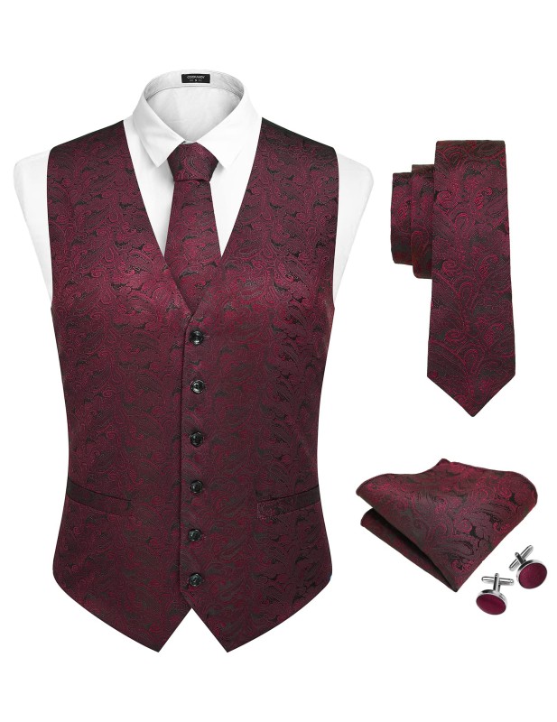 Men's Paisley Vest Tie Set Formal 4PC Suit Vest Floral Waistcoat Necktie Pockets Party Prom Wedding