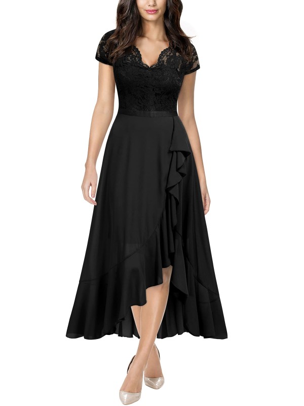 Women's V Neck Elegant Lace Ruffle Bridesmaid Maxi Dress