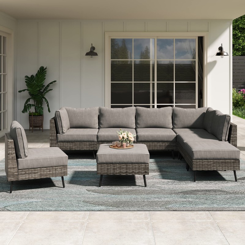LAUSAINT HOME Outdoor Patio Furniture, 8 Piece Outdoor Sectional Sofa PE Rattan Patio Conversation Sets, All Weather Patio Furniture Set with Thick Cushions for Garden, Poolside, Backyard (Grey)