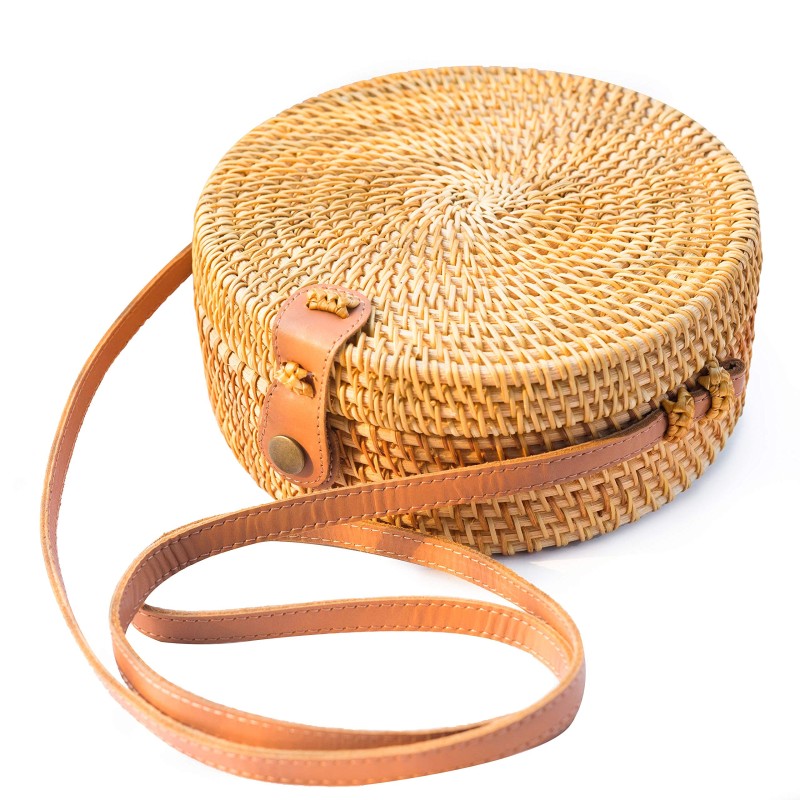Handwoven Round Rattan Bag Shoulder Leather Straps Natural Chic Hand