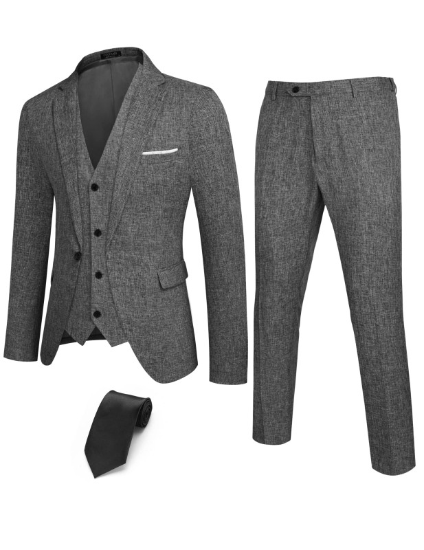 Men’s 3 Piece Slim Fit Suits One Button Blazer Vest Suit Pants with Tie