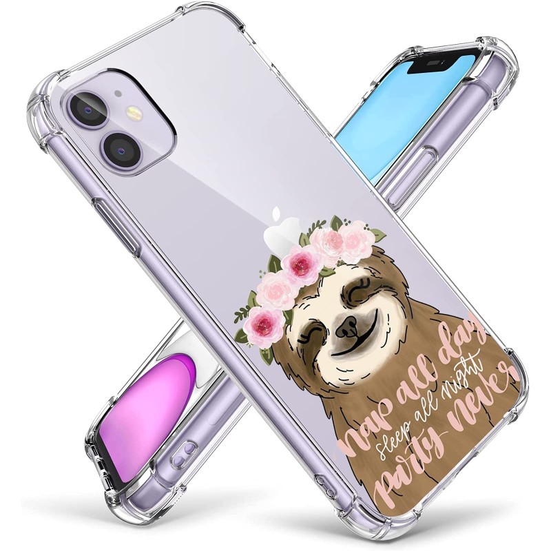 Cute Sloth Clear Case Compatible with New iPhone 11 Series 2021 Case for Women Girls Lovely Floral Sloth Flexible Slim Soft TPU Clear Protective Case Design for iPhone 11 6.1",Pink