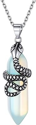 Healing Crystal Stone Point Pendant Necklace Sterling Silver Leaf/Snake Wrapped Hexagonal Gemstone Created Birthstone Jewelry Gifts for Birthday Valentines Day Mothers Day