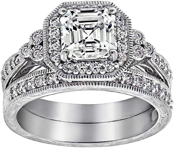 Collection Platinum or Gold Plated Sterling Silver Antique Ring set with Asscher-Cut Infinite Elements Cubic Zirconia