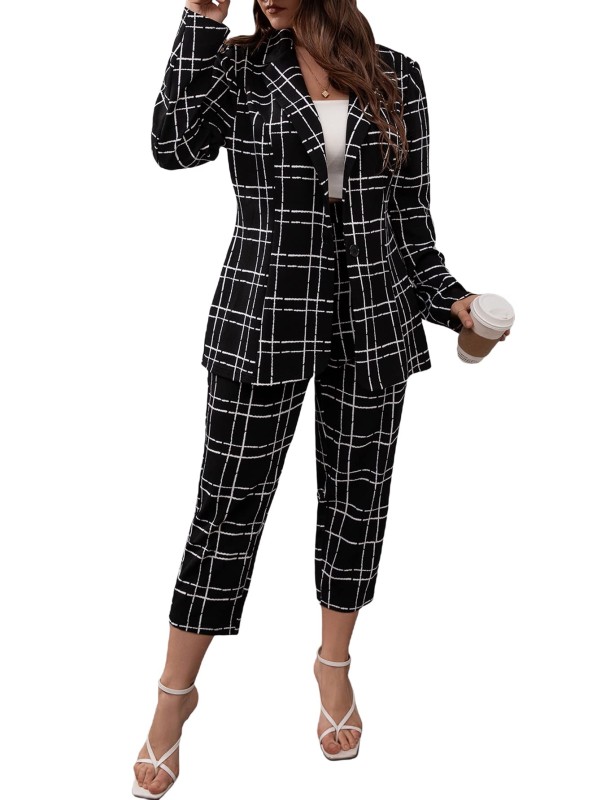Women's Plus Size 2 Piece Outfit Plaid Button Front Blazer and Pants Set
