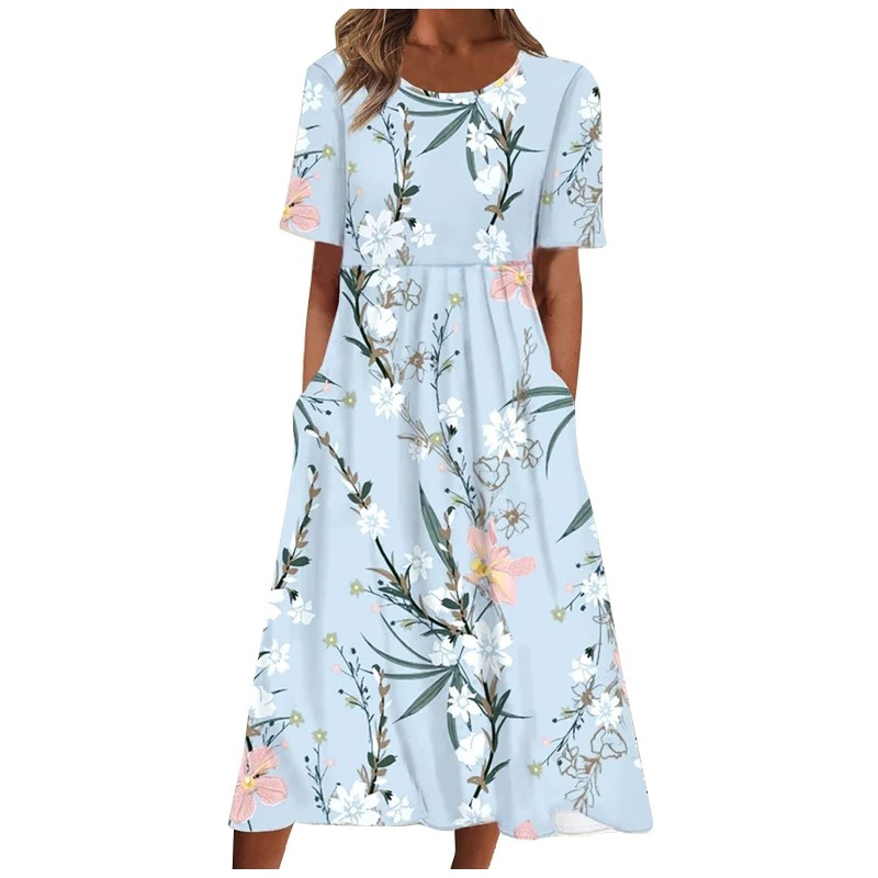 Women's Boho Dress Short Sleeve O-Neck Pocket Dress Casual Print Short Crewneck Dress Spring Dresses 2023