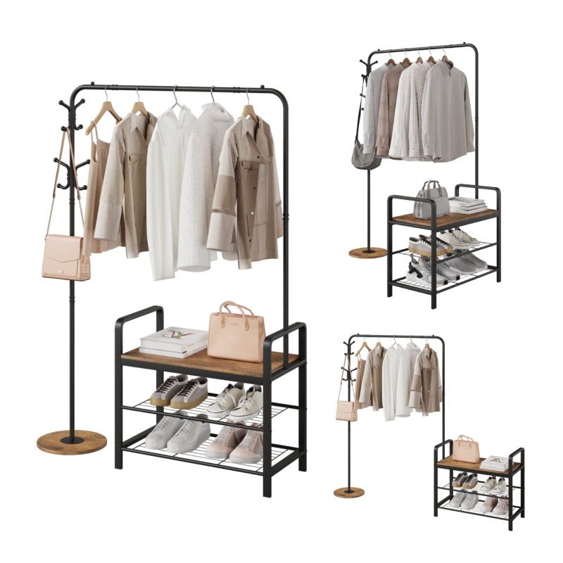 3-in-1 Design Coat Rack Shoe Bench, Clothing Racks for Hanging Clothes, Hall Tree Entryway Bench with Storage, Wood Look Accent Furniture with Metal Frame, Multifunctional Hallway Organizer
