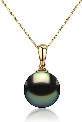 Real Gold 9-10mm Tahitian Black Pearl 18K Pendant Necklace w/ 18 Inch 18K Gold Wheat Chain - Jewelry Gifts for Women