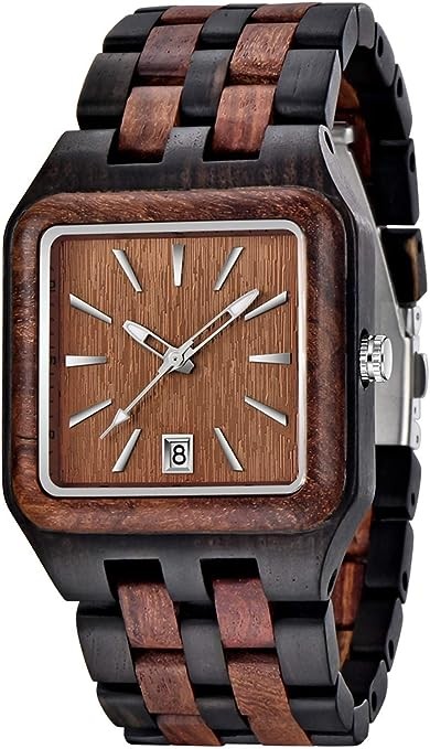 Dentily Men's Rectangle Wood Watch Quartz Movement Wooden Mens Watches Gift Watches for Men