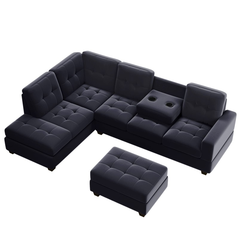 ODC 112 Inch Convertible Sectional Sofa with Reversible Chaise, L Shaped Couch Set with Storage Ottoman and Two Cup Holders for Living Room Corner Furniture, Black