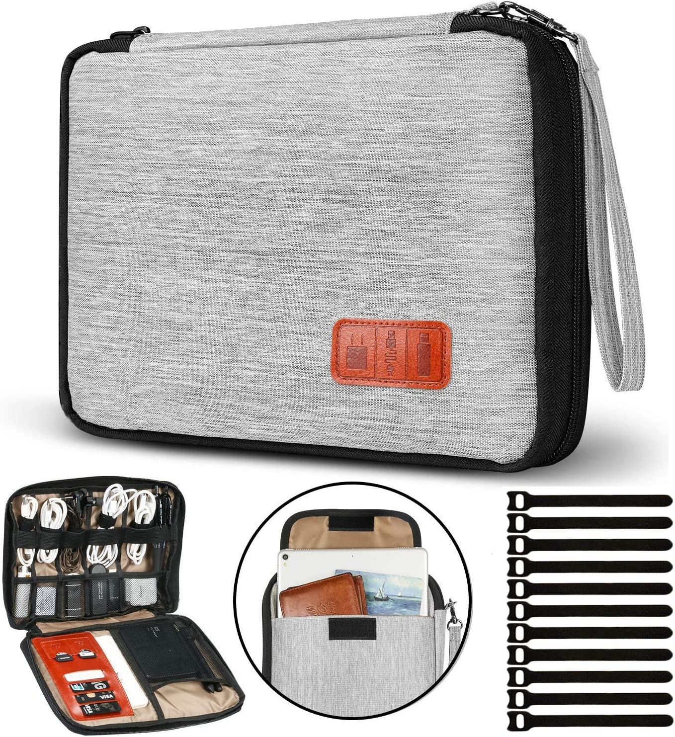 Electronic Organizer Waterproof Portable Travel Cable Accessories Bag Soft Case with 10pcs Cable Ties for USB Drive Phone Charger Headset Wire SD Card Power Bank (Grey 10.6x8 in)