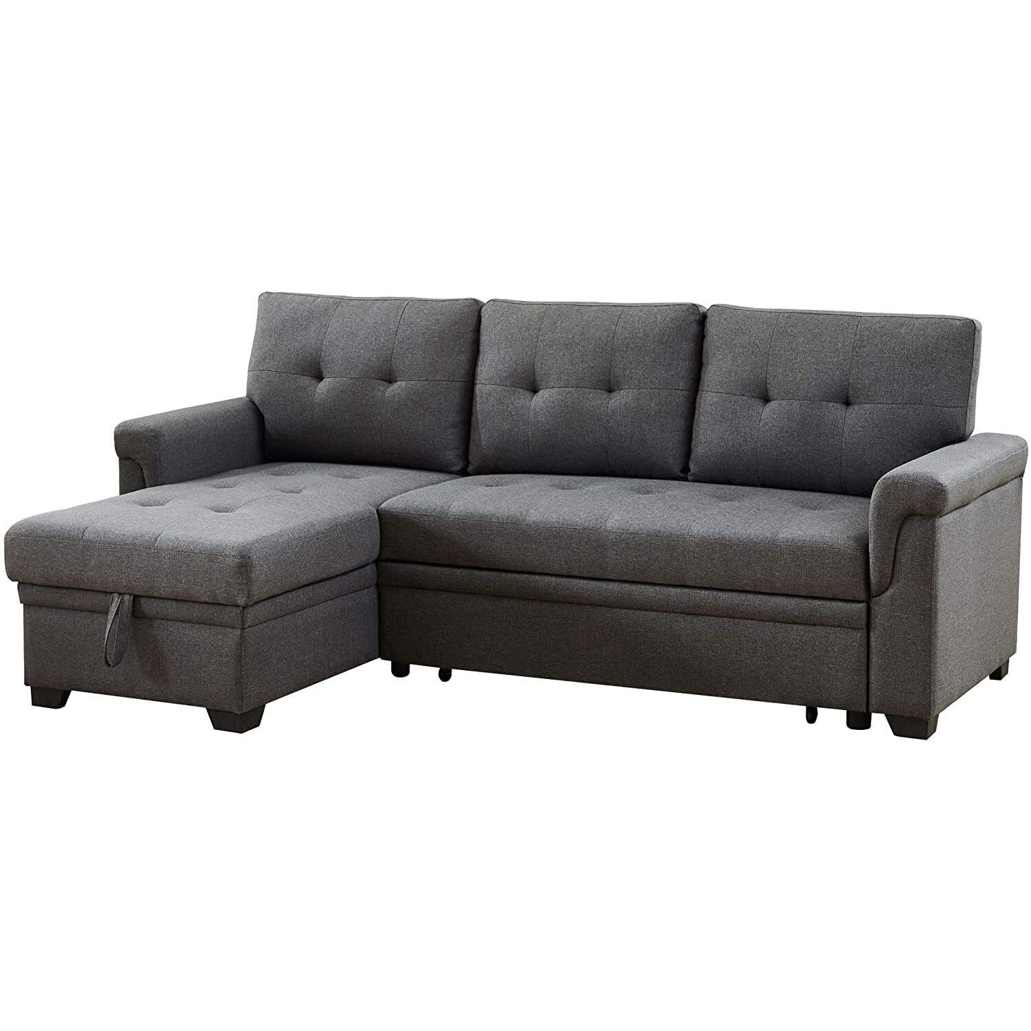 Lilola Home Linen Reversible Sleeper Sectional Sofa with Storage Chaise, Dark Gray