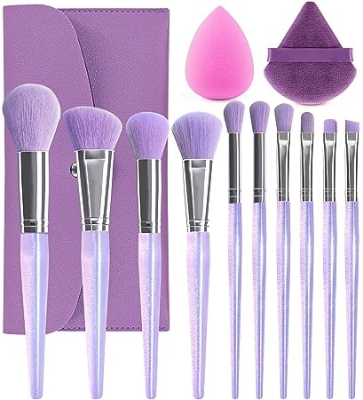 BEAKEY Travel Makeup Brushes 12pcs, Premium Synthetic Foundation Brush, Eyeliner Brush, Makeup Tools for Concealer, Eyeshadow, Contour, and Blush, Fashionable Personality Makeup Brush Set (Purple)