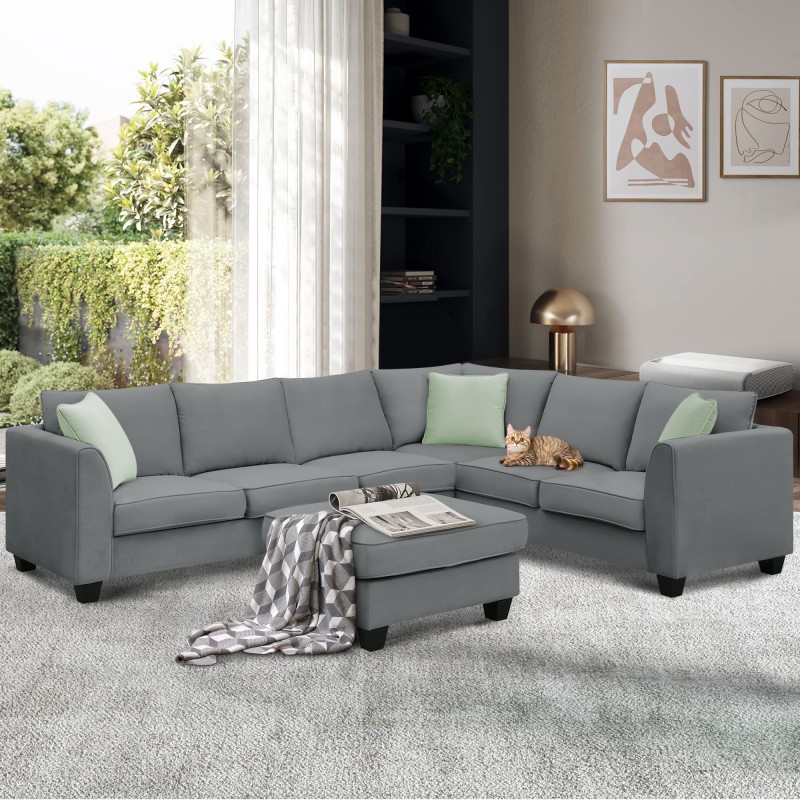 Flieks Modern Upholstered Living Room Sectional Sofa, L Shape Furniture Couch with 3 Pillows, Grey