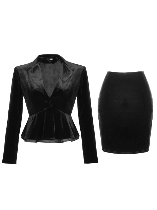 Women's 2 Piece Business Skirt Suit Set Office 1 Button Velvet Blazer and Skirt