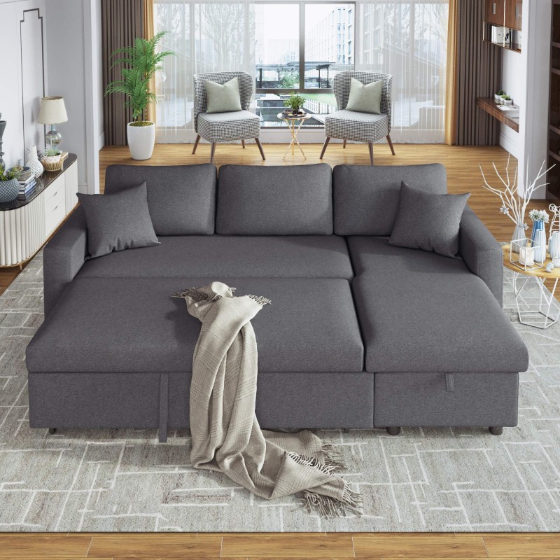 ERDAYE Modern L-Shaped Coner Sectional Sofa with Pull Out Upholstery Sleeper Couch Bed and Left Storage Chaise Lounge for Home Apartment Living Room Furniture Sets, 2 Toss Pillows Included,Gray