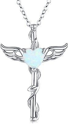 Angel Necklaces 925 Sterling Silver Pendant Necklace For Women Opal/Urn Necklace For Ashes Moonstone/Crystal Jewelry Cross Necklaces For Women Girls