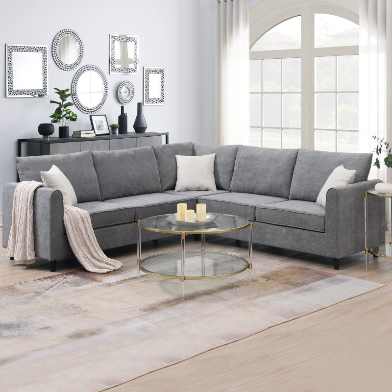RUNWON 8888" Modern Upholstered Living Room Sectional Sofa, L Shape Furniture Couch with 3 Pillows, Gray