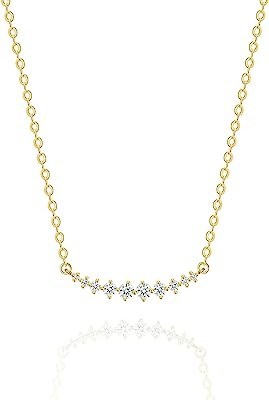 14k Solid Yellow Gold 0.17cttw Natural Genuine Diamond Bar Smile Pendant Necklace Simple Fine Jewelry Anniversary Christmas Mother’s Day Gifts for Mom Wife Women Girls, 16+2" Inch