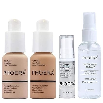 Glamza Full Coverage Makeup Set with Foundation (102 Nude & 104 Buff Beige), Primer Gel & Setting Spray - Complete Face Cosmetics Kit for Women