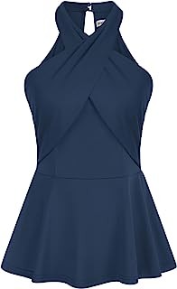 Women Halter Tank Tops Sleeveless Trendy Criss Cross Smocked Peplum A-Line Tops Casual Summer Blouse Shirts