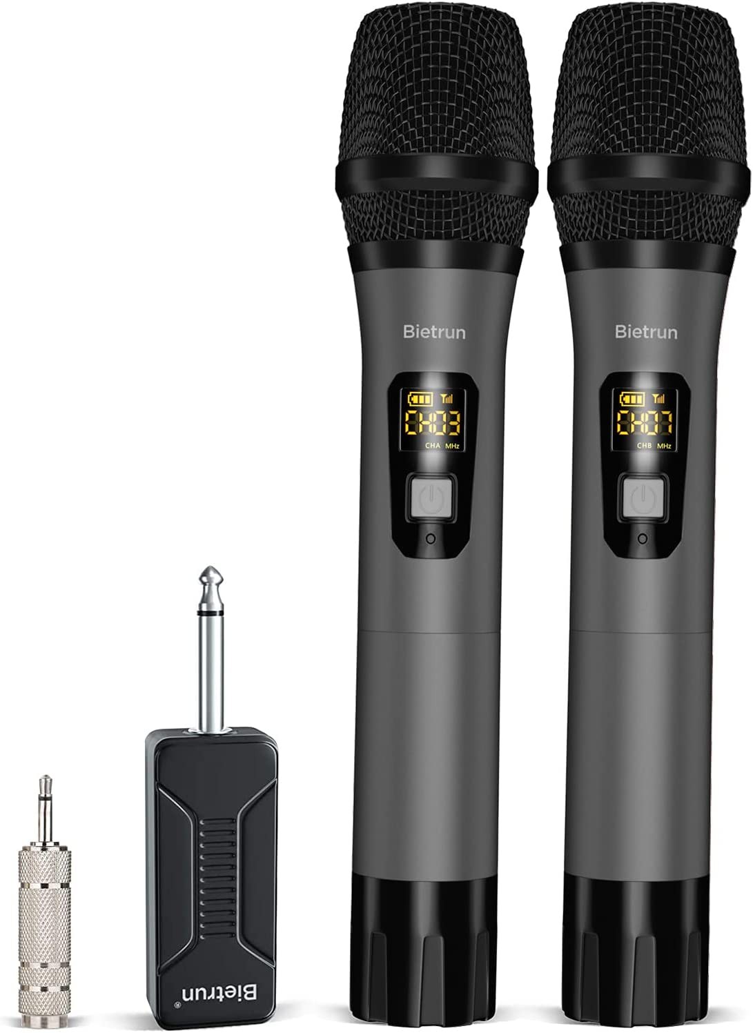 Bietrun Instrument Dynamic Microphones, Dual Handheld Dynamic Microphones with Rechargeable Receiver, Auto Connect,All Metal Design for Karaoke,Wedding,Party,Amplifier