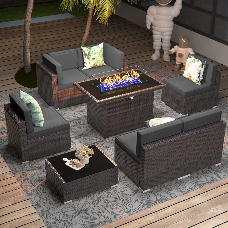 Vakollia 8 Pieces Patio Furniture Set with 44" Propane Gas Fire Pit Table, Outdoor Sectional Wicker Conversation Sofa Sets with Coffee Table