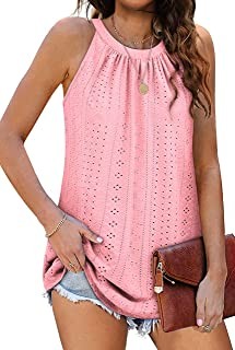 Tank Top for Women Loose Fit High Neck Sleeveless Halter Tops Casual Pleated Eyelet Summer Flowy Cami Shirts Blouse