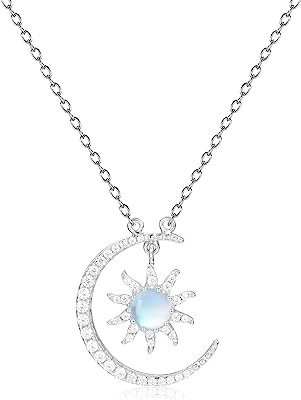White Opal Necklace Genuine 925 Sterling Silver Pendant Moon and Sun Necklaces Bridal Wedding Jewelry Handmade Necklace Christmas Gift for Women Girls 16+2 inches Extender