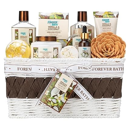 Forever Bath Spa Gift Basket – Bath and Body Gift Sets for Women W/Coconut & Vanilla Fragrance, 11 Pcs Shower Gift - Shower Gel, Bubble Bath, Body Lotion, Scrub & Oil, Shower Steamer, Bath Bomb & More