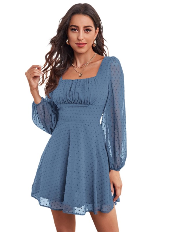 Women's Polka Dots Mesh Square Neck Bishop Sleeve Chiffon Dress