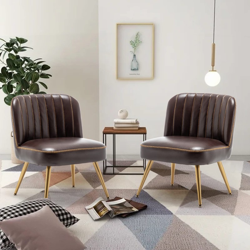AKLAUS Brown Leather Accent Chairs Set of 2 with Large Seat for Living Room Bedroom Upholstered Single Sofa Chair Arm Chair Comfy Side Chairs Coffee Chair with Metal Legs