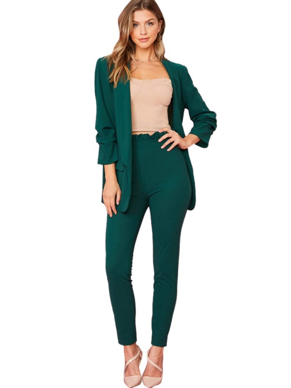 Women's Two Piece Open Front Long Sleeve Blazer and Elastic Waist Solid Pant Set Suit