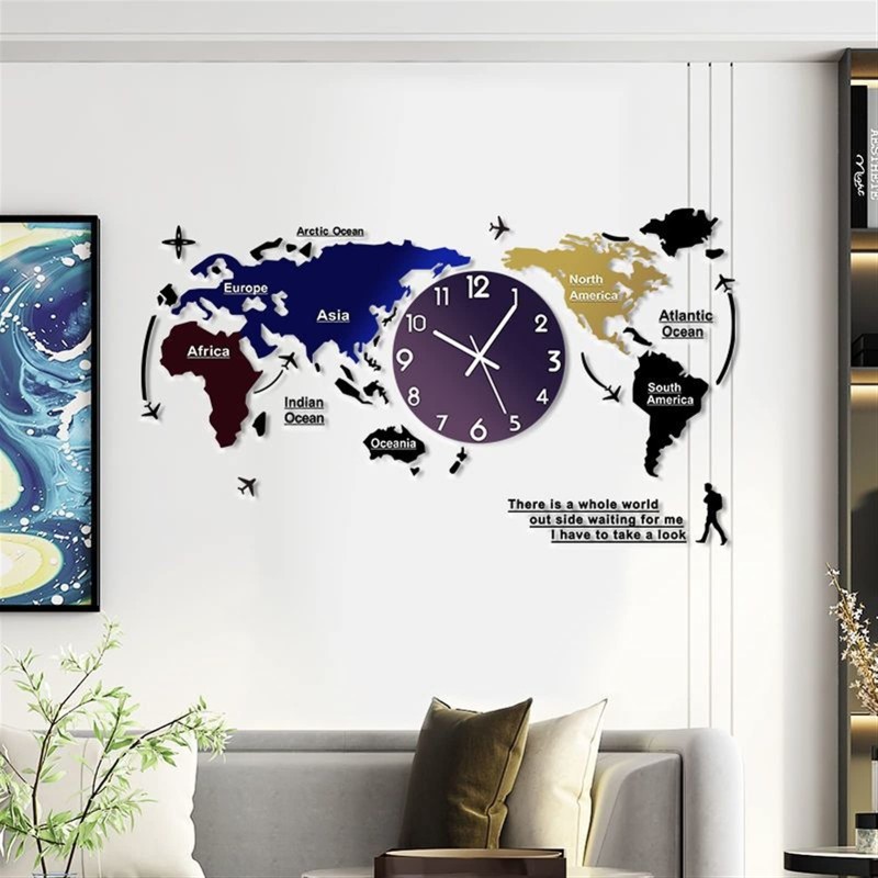 DEYUCHANG World Map Wall ClockFashion Nordic Clock Home Decoration Clock Modern Design 3D Digital Hanging Clock Ultra Quiet Acrylic Wall Watch (Color : Color, Size : XXL)