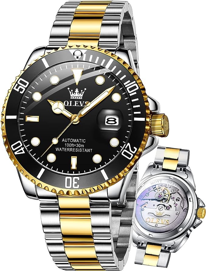 OLEVS Men's Automatic Watches,Self Winding Watches Mechanical for Men,Gold Silver Stainless Steel Men Watch,Luxury Big Face No Battery Dress Reloj de Hombres Date Waterproof Rotating Bezel Luminous
