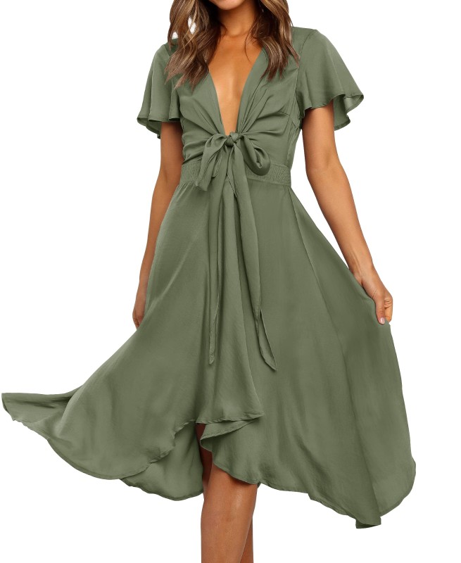 Women's 2023 Summer Satin V Neck Short Sleeve Tie Front Smocked Waist Swing A Line Cocktail Party Midi Dress  (0 评论)