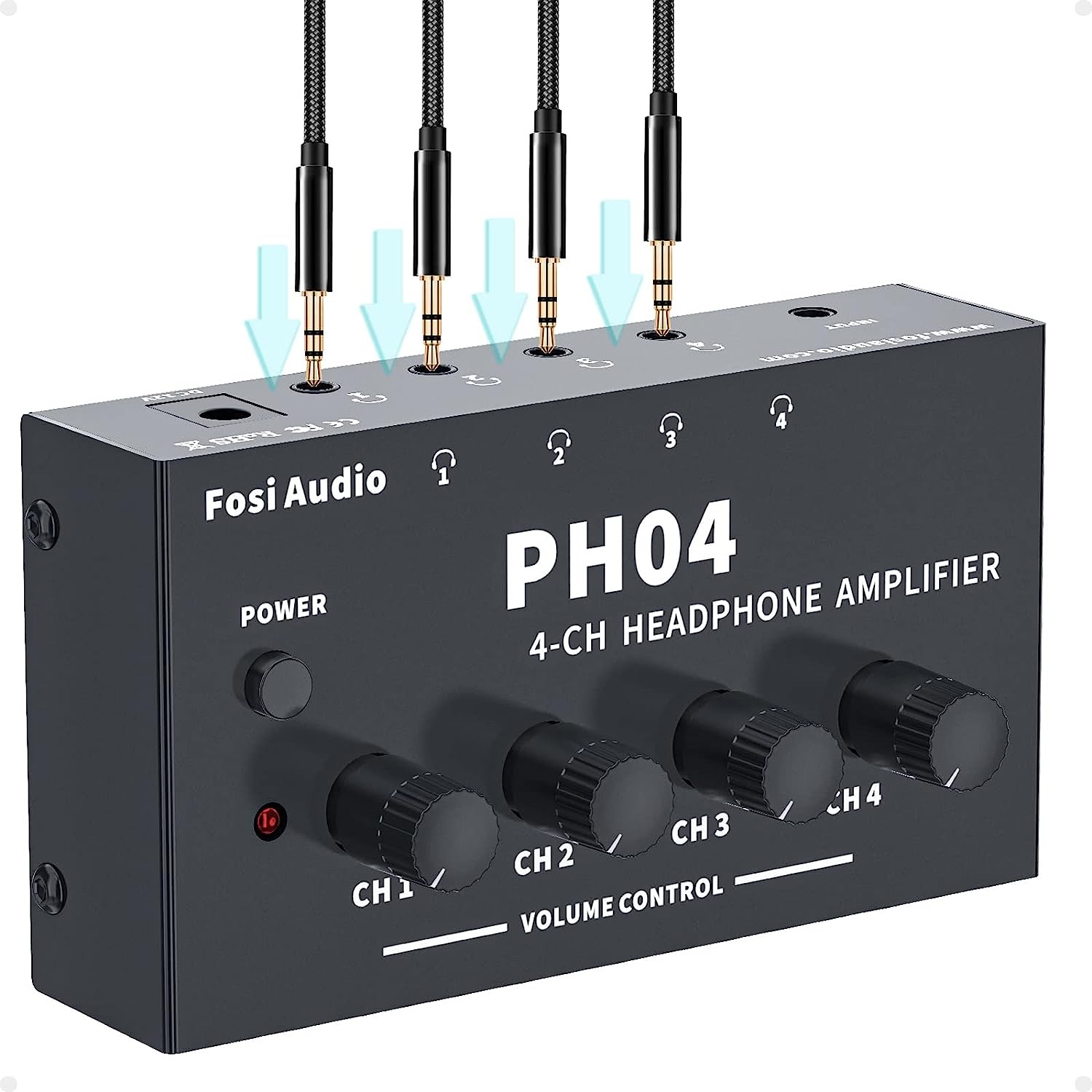 Fosi Audio PH04 4 Channel Headphone Amplifier Stereo Audio Amp with 12V 1.5A Power Adapter Ultra-Compact Portable Headphone Splitter for Studio and Stage