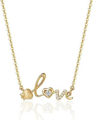 14K Real Solid Gold Flower Rose Love Heart Necklace with Genuine Diamond Pendant Fine Jewelry Anniversary Promise Birthday Gifts for Her Women Girls 16”+2” Extend