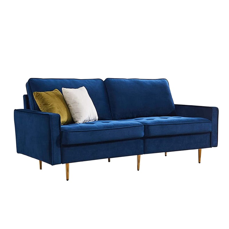JULYFOX Blue Velvet Fabric Sofa Couch, 70 inch Wide Mid Century Modern Living Room Couch 700lb Heavy Duty with 2 Throw Pillows