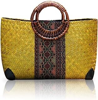 Women Summer Retro Straw Bag with Printing Hand-woven Beach Handbag Top Round Handle Boho Tote Bag Shopping and Travel Large Bag (Yellow)