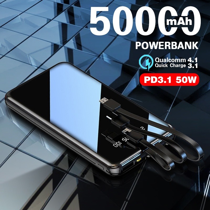 50000mAh PowerBank Built-in 3 Cables Portable Fast Charging Full Screen Power bank External Batter